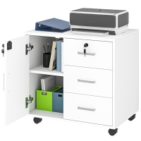 HOMCOM Caisson bureau meuble de rangement verrouillable avec 3 tiroirs et étagère réglable, roulettes, 40 x 60 x 56 cm, blanc