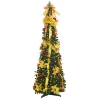 HOMCOM Árbol de Navidad Plegable con Luces LED en Blanco Cálido y Adornos Pre-instalados para Interior Ø60x180 cm Verde(m-11)