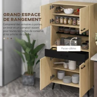HOMCOM Armoire de cuisine multi-rangements avec tiroir 2 placards étagères réglables hauteur 178 cm noir et bois naturel(m-4)
