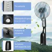 HOMCOM Ventilatore Nebulizzatore 90W a 4 Ruote con Serbatoio 2.8L e 4 Velocità, in Metallo, PE e ABS, 44.5x38.5x120 cm(m-5)