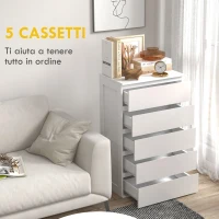 HOMCOM Cassettiera 5 Cassetti in Legno con Maniglie Scanalate, 60x38x100cm, Bianco(m-5)