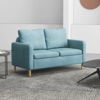 HOMCOM Two Seater Sofa for Living Room, Modern Fabric Couch with Wood Legs and 2 Pockets for Bedroom and Home Office, Blue(m-8)