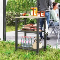Outsunny Three-Shelf Outdoor Grill Cart with Stainless Steel Top, Outdoor Kitchen Island with 4 Wheels, 3 Hooks, Movable Food Prep Barbecue Pizza Oven Table for Kitchen, Garden, 65.5 x 41 x 79 cm(m-10)