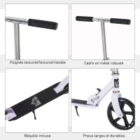 HOMCOM Trottinette Pliable Hauteur Guidon réglable sur 4 Niveaux système de freinage arrière pour enfant adolescent pois max. 100KG dim. 88L x 37l x 75-100H cm Blanc(m-7)