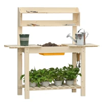 Outsunny Banco da Lavoro per Giardinaggio in Legno Naturale con Vaschetta Integrata, Mensole e Ganci 100x40x140cm(m-11)