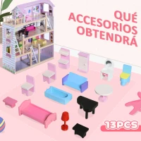 HOMCOM Casa de Muñecas Infantil con Muebles Casa de Muñecas de 4 Pisos con 13 Accesorios 60,5x30x80,5cm Rosa(m-6)
