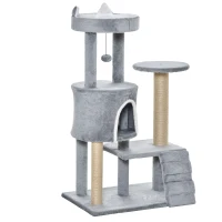 PawHut Albero Tiragraffi per Gatti con Trespolo, Casetta, Rampa e Pallina, in Legno e Peluche, 60x40x100 cm, Grigio Chiaro(m-10)