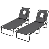 Outsunny Outdoor Folding Sun Lounger Set of 2 with Face Hole, 4 Level Adjustable Backrest Reclining Garden Lounger, Garden Recliner Sunbed with 600 D Oxford Cloth Seat and Pillow for Beach, Dark Grey(m-11)