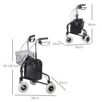 HOMCOM Deambulatore per Anziani e Disabili ad Altezza Regolabile con Cestino e Vassoio, 60x62x84-100.5 cm, Nero(m-3)