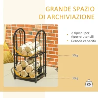 Outsunny Portalegna a 2 Ripiani in Metallo con Paletta, Scopa, Attizzatoio e Pinza, 41.5x32.5x74.5 cm, Nero(m-4)
