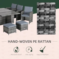 Outsunny 10 Seater Rattan Cube Garden Furniture Set with Parasol Hole, Rattan Dining Set with Cushions, Outdoor Dining Table and Chairs with Rectangular Glass Top Table for Patio, Mixed Grey(m-6)