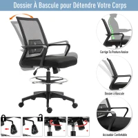 Vinsetto Fauteuil de bureau chaise de bureau assise haute réglable dim. 64L x 59l x 104-124H cm tabouret de bureau pivotant 360° maille respirante noir(m-4)