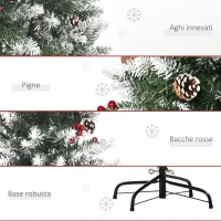 HOMCOM Albero di Natale Innevato Artificiale 150cm con Bacche Rosse e Pigne Bianche, Base Rimovibile Pieghevole, 408 Rami(m-7)