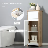 kleankin Meuble de salle de bain armoire de rangement avec 1 tiroir et 1 placard - 32,6 x 30 x 90 cm - aspect bois et blanc(m-5)