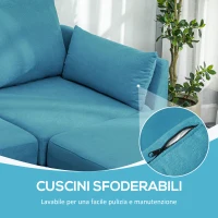 HOMCOM Divano Componibile Modulare 3 Posti con Pouf Poggiapiedi e Cuscini, Rivestimento in Flanella, Blu(m-7)