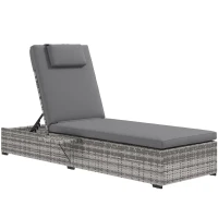 Outsunny Outdoor Patio PE Rattan Lounger with Cushion, 5-Level Reclining Wicker Rattan Sun Lounger with Tea Tray, for Poolside, Patio, Deck, 120kg Weight Capacity, Grey(m-1)