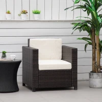 Outsunny Single Seater Rattan Chair, PE Wicker Garden Armchair with 10 cm Thickened Cushion, All-Weather Rattan Garden Chair with Armrests, Brown(m-2)