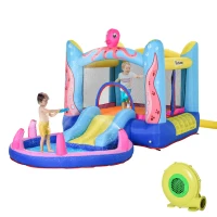 Outsunny Castello Gonfiabile Gigante e Rimbalzante per Bambini 3-8 Anni con Scivolo, Piscina e Gonfiatore 3.6x1.75x1.8m(m-10)