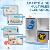 ZONEKIZ Meuble étagère bibliothèque 4 cases 2 cubes paniers tissu motif dinosaures pour chambre enfant 62 x 30 x 62 cm blanc(m-8)