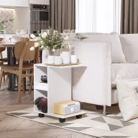HOMCOM C-Shape End Table Unique Storage Unit w/ 2 Shelves 4 Wheels Freestanding Home Furniture Cabinet Square White(m-10)