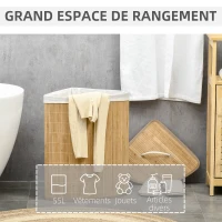 HOMCOM Panier à linge en bambou d'angle 55L avec couvercle et sac amovible 38 x 38 x 57 cm bois naturel et blanc(m-4)