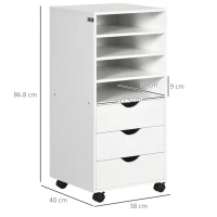 Vinsetto Cassettiera Ufficio con 4 Ruote 4 Ripiani 3 Cassetti, Schedario Portadocumenti in Legno MDF, 38x40x86.8 cm, Bianco(m-3)