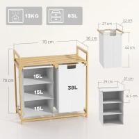 HOMCOM Cesto Portabiancheria con 2 Borse Estraibili, Maniglie e Ripiano in Bambù, 70x36x70 cm, Bianco(m-3)