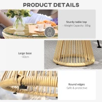 Outsunny Round End Table, Rattan Side Table, Hollow Drum Design Coffee Table w/ Glass Tabletop for Patio, Garden, Balcony Natural(m-6)