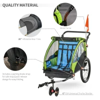 HOMCOM Bike Trailer 2 In1 Child Kids Stroller 2 Seater Carrier with Adjustable Handlebar Hitch Coupler Green(m-6)