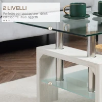 HOMCOM Tavolino da Caffè Moderno a 2 Livelli in Vetro e Legno, 90x50x42cm, Bianco(m-5)