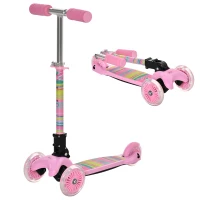 HOMCOM Patinete para Niños de +3 Años Plegable Patinete 3 Ruedas con Luces LED Manillar Altura Ajustable y Freno Posterior Carga Máxima 50 kg 54,7x32,5x59-69 cm Rosa(m-1)