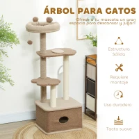 PawHut Árbol Rascador para Gatos Altura 133 cm Torre para Gatos con Nido Plataformas Bola Colgante y Poste de Yute Café(m-5)
