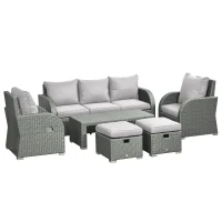 Outsunny Six-piece Outdoor Rattan Dining Set, Outdoor Sofa Set with Reclining Armchairs and Mental Frame, Grey(m-1)