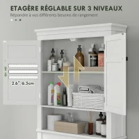 HOMCOM Meuble WC dessus de toilette meuble machine à laver meuble salle de bain placard 2 portes étagères réglables blanc(m-7)