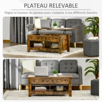 HOMCOM Table basse plateau relevable, table de salon avec étagères et compartiment caché,105 x 50 x 49-62,5 cm pour salon, chambre, brun rustique(m-4)