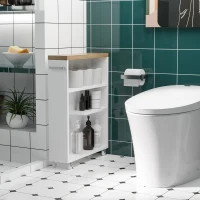 kleankin Carrello Portaoggetti per il Bagno Stretto 13cm, Cassettiera con Mensole e 4 Ruote in Legno Bianco 50x13x67.5cm(m-2)
