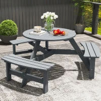 Outsunny 6 Seater Wooden Picnic Table and Garden Benches Set, Round Garden Dining Set with 3 Benches and Umbrella Hole Outdoor Garden Park, Grey(m-8)