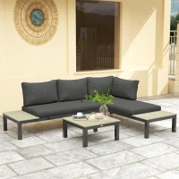 Outsunny 3 Pieces Garden Furniture Set, Aluminium 4 Seater Corner Sofa Set with 2 Loveseats, Coffee Table and Side Trays, Outdoor Conversation Furniture with Cushions for Garden, Dark Grey(m-8)