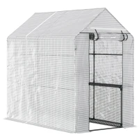 Outsunny Walk In Greenhouse with 2-Tier Shelves, Roll up Zip Panel Door, Garden Polytunnel Steeple Grow House for Outdoor, 6 x 4 x 6ft White(m-1)