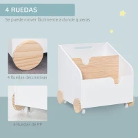 HOMCOM Caja de Almacenamiento de Madera para Juguetes 2 Secciones con Ruedas Asa Librería Infantil con Ruedas para Habitación de Niños 40x43x43 cm Blanco y Natural(m-6)