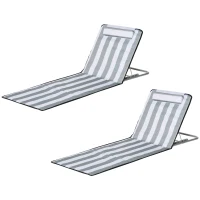 Outsunny Set of 2 Foldable Garden Beach Chair Mat Lightweight Outdoor Sun Lounger Seats Adjustable Back Metal Frame PE Fabric Head Pillow w/ Carry Bag, Light Grey(m-11)