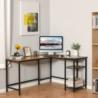 HOMCOM L-Shaped Computer Desk Industrial Corner Writing Desk with Adjustable Storage Shelf Space-Saving Home Office Workstation 150 x 120 x 75 cm Rustic Brown(m-2)