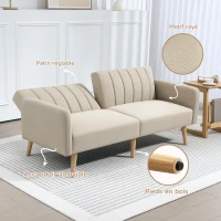 HOMCOM Canapé Convertible 2 Places Design scandinave Dossier inclinable 3 Positions Pieds Bois Tissu Aspect Lin Beige(m-6)