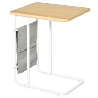 HOMCOM Table Basse Table d'appoint guéridon Bout de canapé 2 Pochettes de Rangement Tissu Gris châssis métal Blanc Plateau Aspect Bois Clair(m-10)