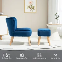 HOMCOM Velvet Accent Chair Occasional Tub Seat Padding Curved Back w/ Ottoman Wood Frame Legs Home Furniture, Dark Blue(m-6)