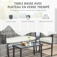 Outsunny Ensemble salon de jardin contemporain 4 pièces 4 personnes avec canapé 2 places, fauteuils et table basse plateau verre trempé métal(m-6)