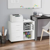 HOMCOM Mobile Porta Stampante con 3 Cassetti in Legno, Mobile Ufficio Multiuso con 4 Ruote e Ripiani Aperti, 80x40x65cm, Bianco(m-2)