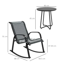 Outsunny 3 Piece Outdoor Rocking Set with 2 Armchairs and Metal Top Coffee Table, Patio Bistro Set with Curved Armrests, Breathable Mesh Fabric Seat for Garden, Deck, Mixed Grey(m-3)