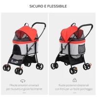 PawHut Passeggino per Cani Pieghevole con Trasportino Rimovibile e Tettuccio, 82x49.5x98cm, Rosso(m-6)