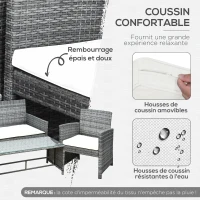 Outsunny Ensemble Salon de Jardin 4 Places : canapé, 2 fauteuils et Table Basse Plateau Verre trempé résine tressée Imitation rotin Gris Coussins Crème(m-5)